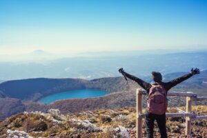 Hiking Mt. Karakuni looking at lake.
