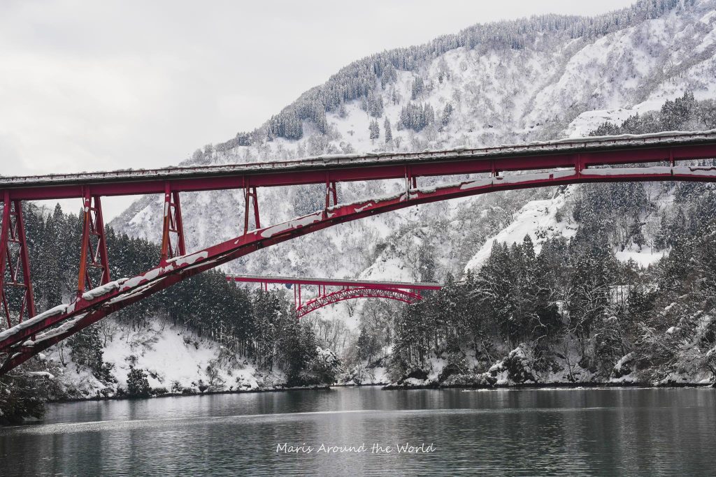 Two bridges and white mountains at Shogawa Gorge.